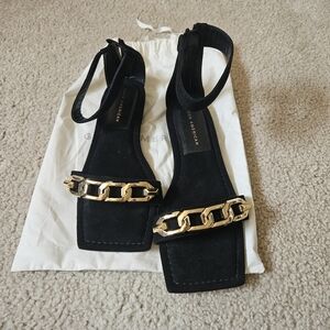 Good American Ankle Strap Suede Sandals Black Zip Gold Chain Link Size 8.5